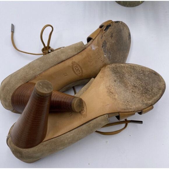 TOD'S Tan Cutout Leather Paneled Two Toned Suede Cone Heeled Sandals Sz 39/US 8 - Picture 8 of 13